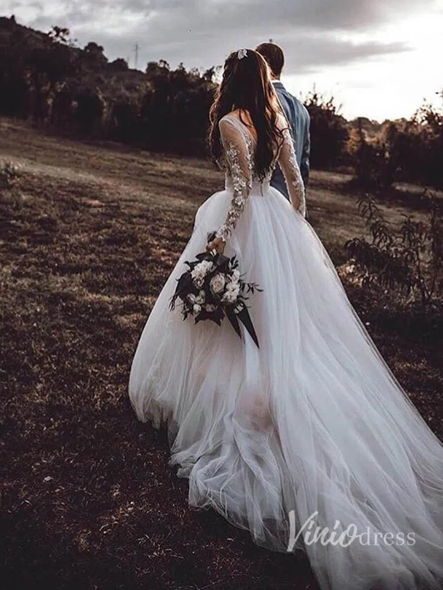 Long Sleeve Floral Wedding Dresses Rustic Bridal Dress Viniodress VW1117-wedding dresses-Viniodress-Ivory-Custom Size-Viniodress