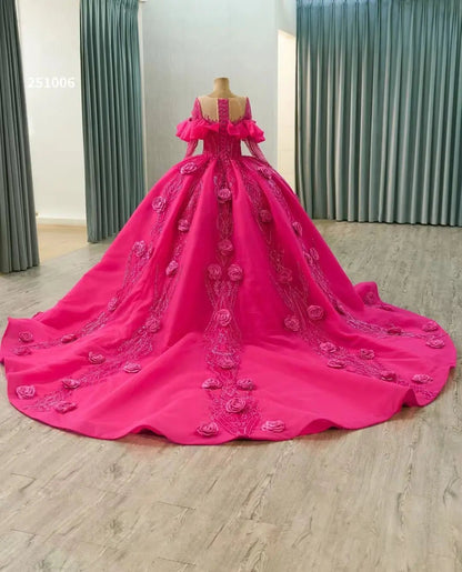 Long Sleeve Fuchsia Quinceanera Dress Rosette Flower Debutante Gowns 251006-Quinceanera Dresses 2025 -Viniodress-Fuchsia-Custom Size-