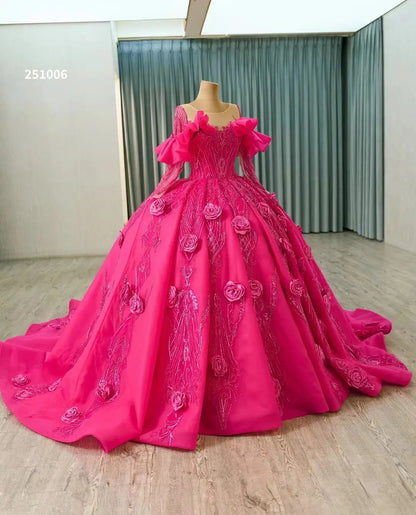 Long Sleeve Fuchsia Quinceanera Dress Rosette Flower Debutante Gowns 251006-Quinceanera Dresses 2025 -Viniodress-Fuchsia-Custom Size-