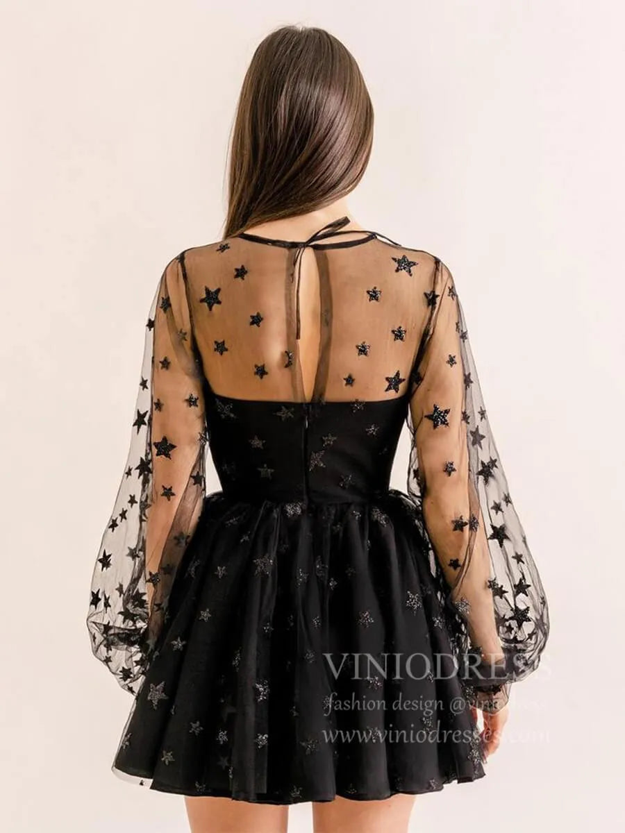 Long Sleeve Glittery Star Pink Homecoming Dresses for Teens SD1277-Homecoming Dresses 2025 -Viniodress-Black-Custom Size-