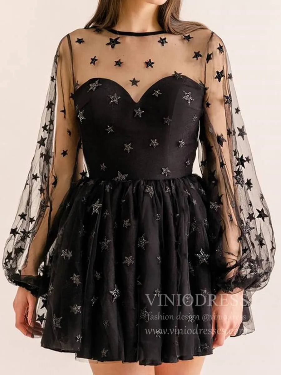 Long Sleeve Glittery Star Pink Homecoming Dresses for Teens SD1277-Homecoming Dresses 2025 -Viniodress-Black-Custom Size-