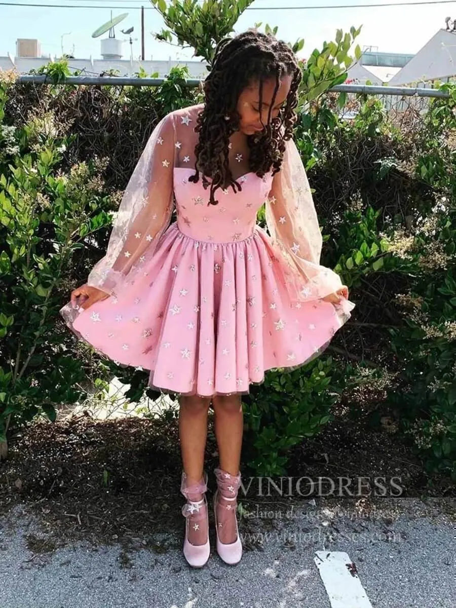 Long Sleeve Glittery Star Pink Homecoming Dresses for Teens SD1277-Homecoming Dresses 2025 -Viniodress-Pink-Custom Size-