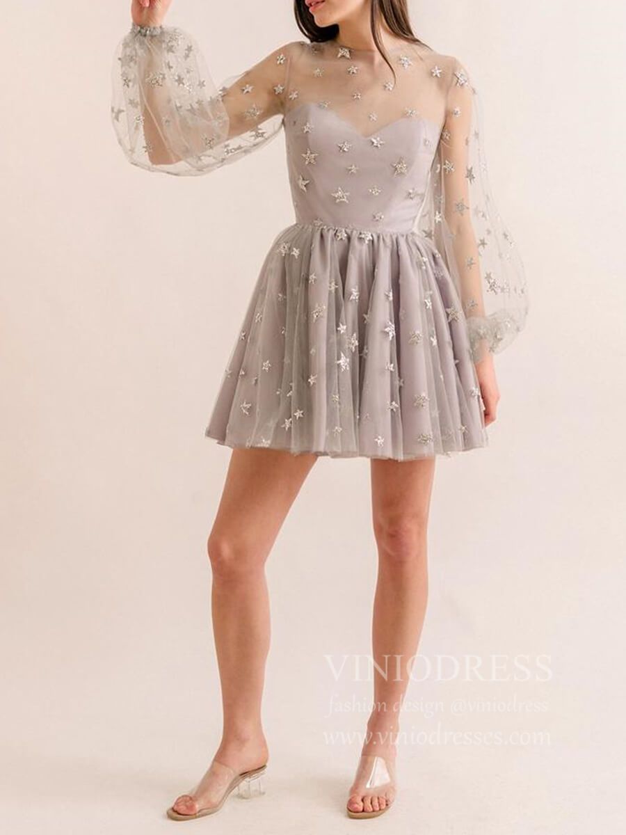 Short Prom Dresses 2025 Long Sleeve Glittery Star Pink Homecoming Dresses for Teens SD1277-homecoming dresses-Viniodress-Silver-Custom Size-Viniodress