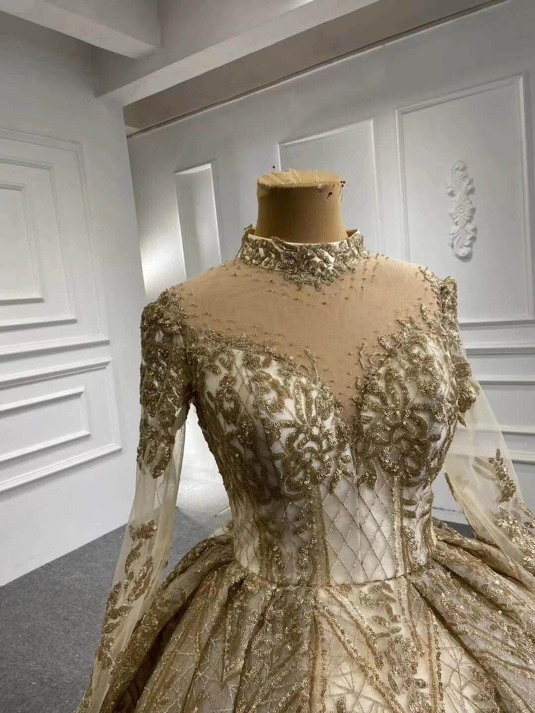 Long Sleeve Gold Ball Gown High Neck Princess Wedding Dress 67189 viniodress-Quinceanera Dresses 2025 -Viniodress-Gold-Custom Size-