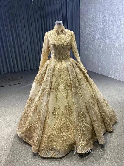 Long Sleeve Gold Ball Gown High Neck Princess Wedding Dress 67189 viniodress-Quinceanera Dresses 2025 -Viniodress-Gold-Custom Size-