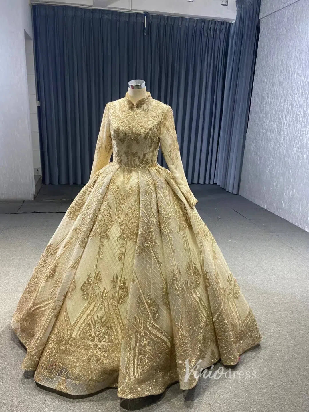 Long Sleeve Gold Ball Gown High Neck Princess Wedding Dress 67189 viniodress-Quinceanera Dresses 2025 -Viniodress-Gold-Custom Size-
