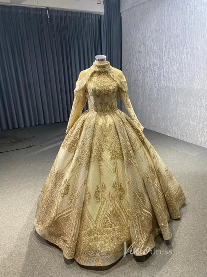 Long Sleeve Gold Ball Gown High Neck Princess Wedding Dress 67189 viniodress-Quinceanera Dresses 2025 -Viniodress-Gold-Custom Size-