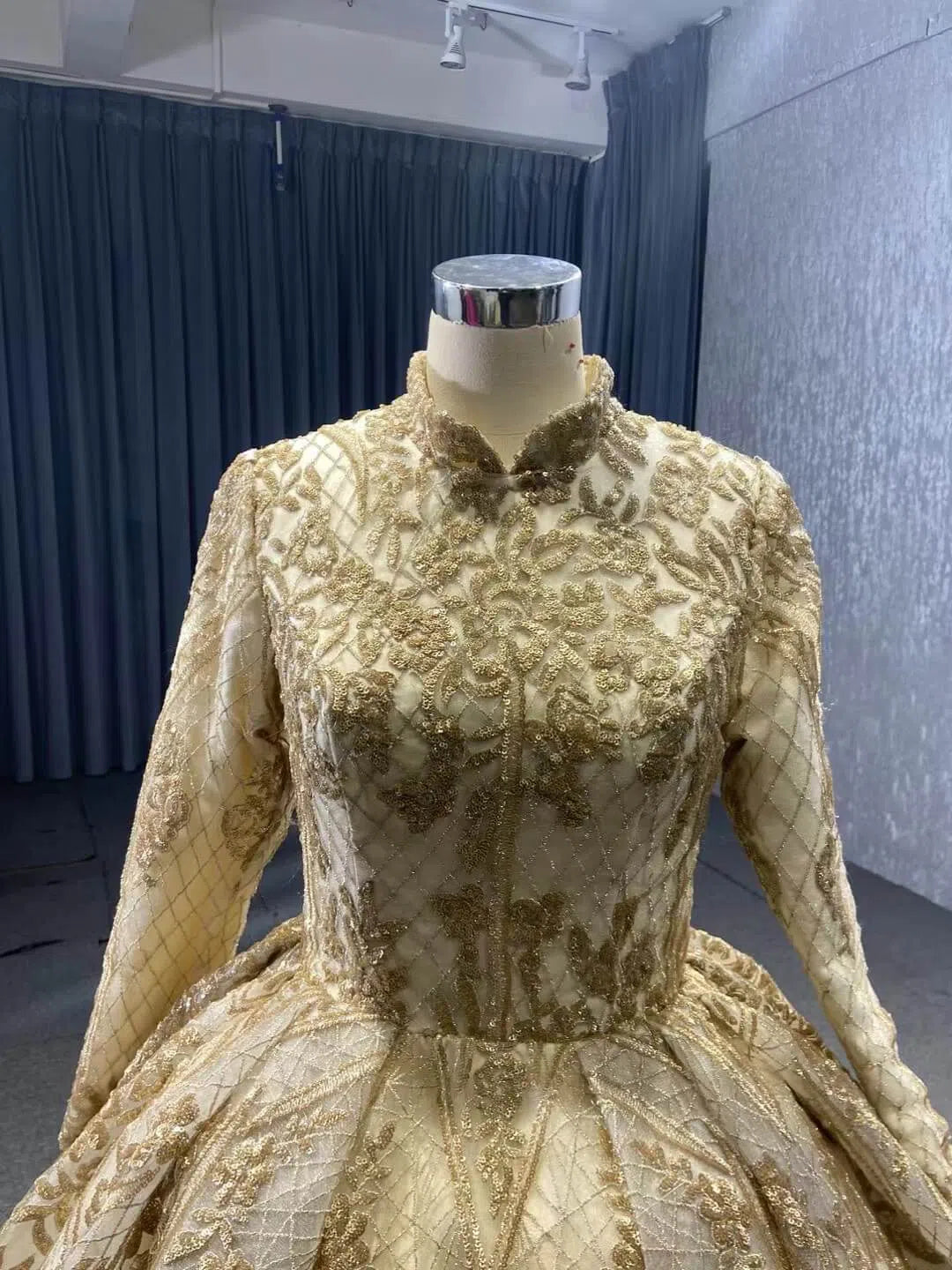 Long Sleeve Gold Ball Gown High Neck Princess Wedding Dress 67189 viniodress-Quinceanera Dresses 2025 -Viniodress-Gold-Custom Size-