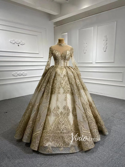 Long Sleeve Gold Ball Gown High Neck Princess Wedding Dress 67189 viniodress-Quinceanera Dresses 2025 -Viniodress-Gold-Custom Size-