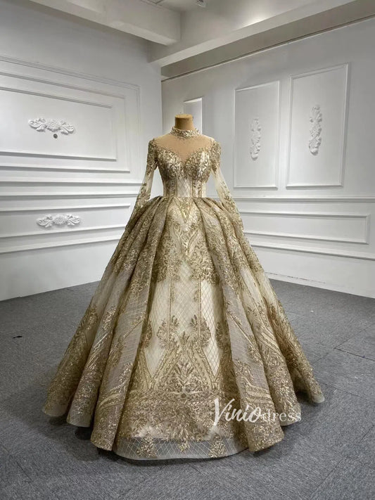 Long Sleeve Gold Ball Gown High Neck Princess Wedding Dress 67189 viniodress-Quinceanera Dresses 2025 -Viniodress-Gold-Custom Size-
