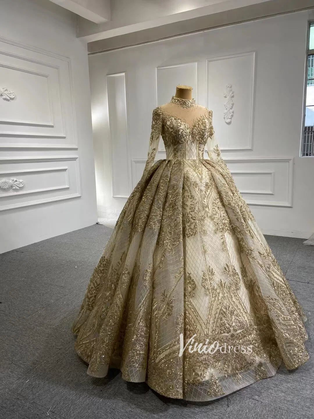 Quinceanera Dresses 2025 Long Sleeve Gold Ball Gown High Neck Princess Wedding Dress 67189 viniodress-plus size wedding dresses Viniodress-Gold-Custom Size-