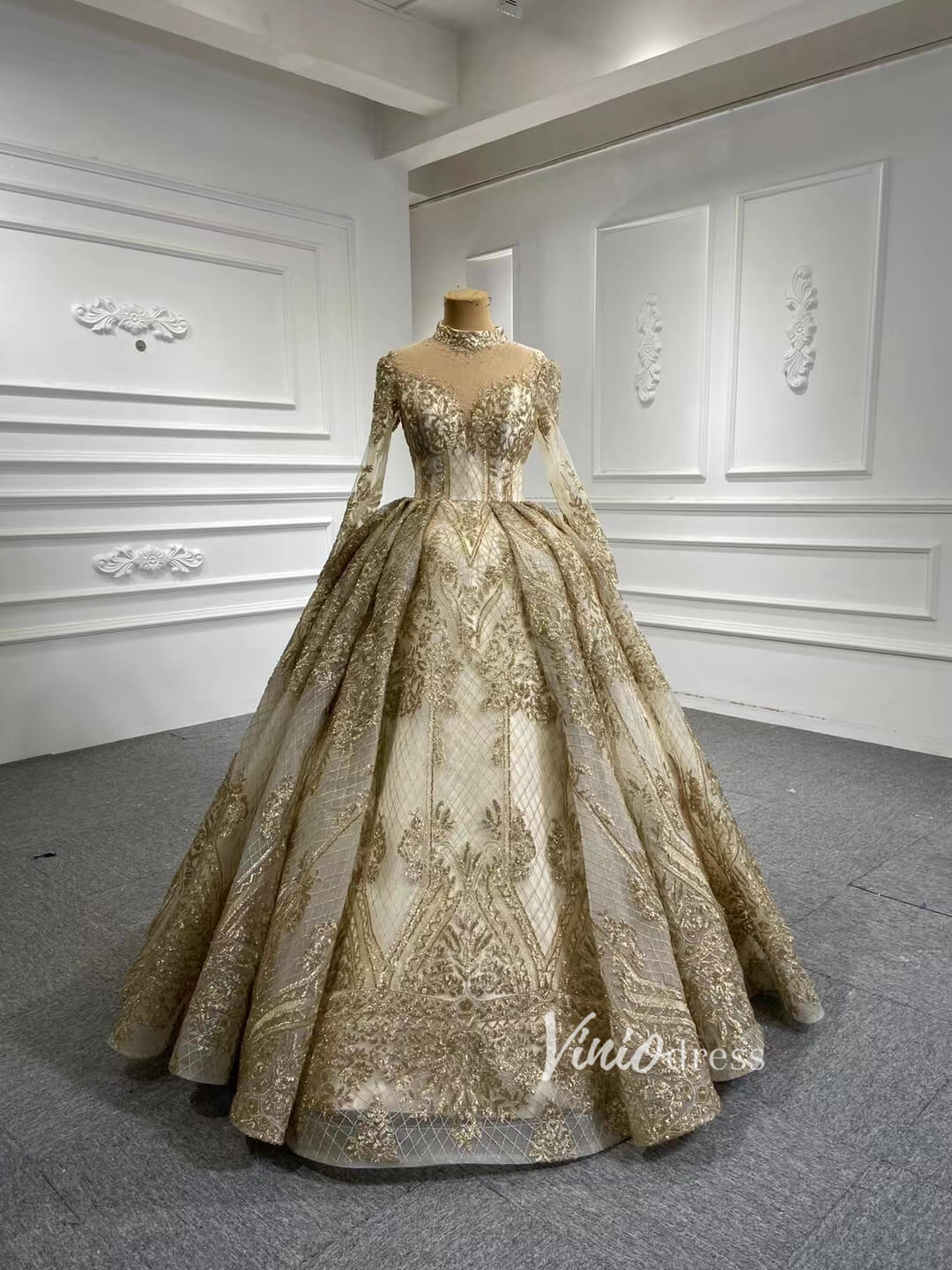 Long Sleeve Gold Ball Gown High Neck Princess Wedding Dress 67189 viniodress-Quinceanera Dresses-Viniodress-Gold-Custom Size-Viniodress