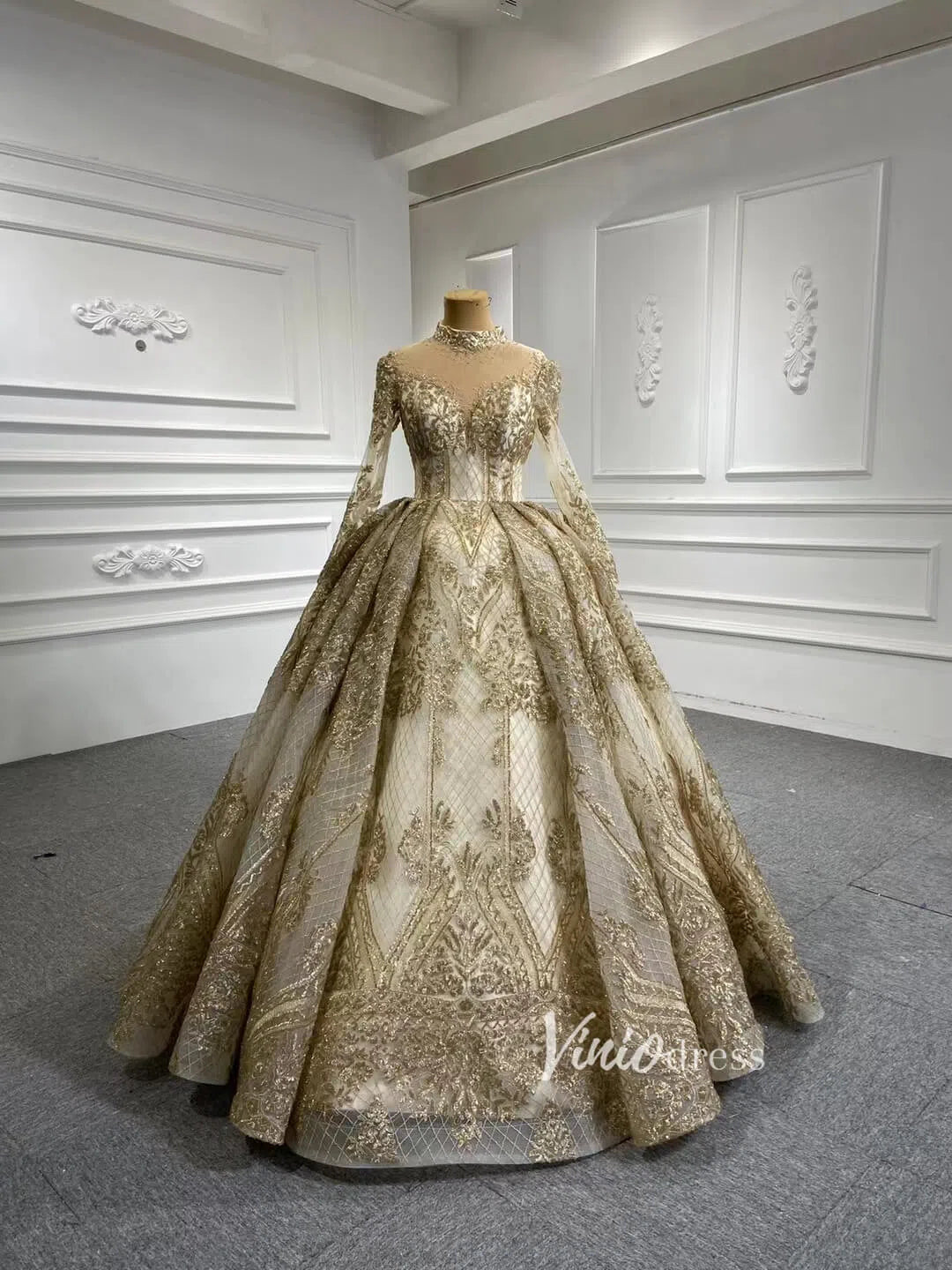 Quinceanera Dresses 2025 Long Sleeve Gold Ball Gown High Neck Princess Wedding Dress 67189 viniodress-plus size wedding dresses Viniodress-Gold-Custom Size-