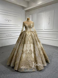 Long Sleeve Gold Ball Gown High Neck Princess Wedding Dress 67189 viniodress