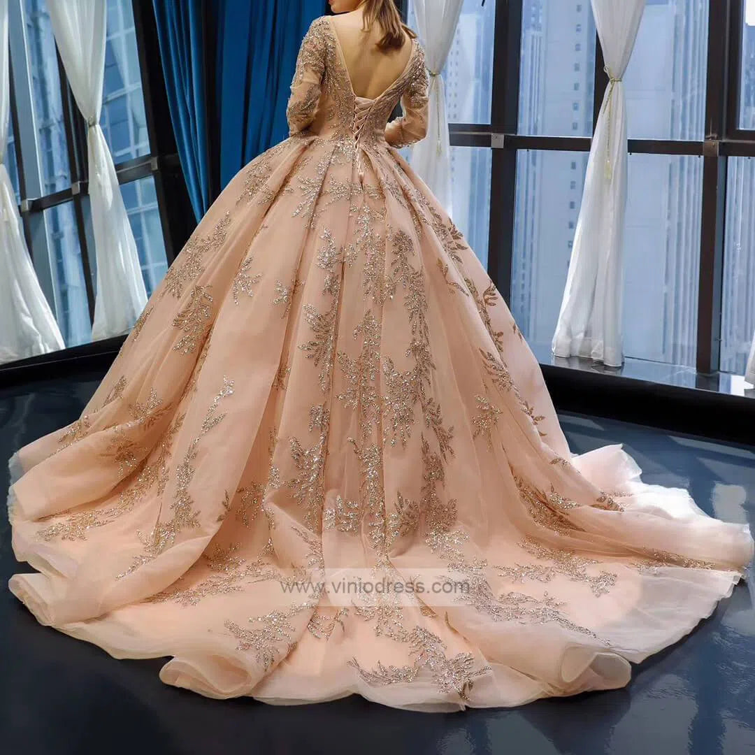 Long Sleeve Gold Ball Gown Prom Dresses Sparkly Lace Princess Dress FD Viniodress Long Sleeve Gold Ball Gown Prom Dresses Sparkly Lace Princess Dress FD Viniodress