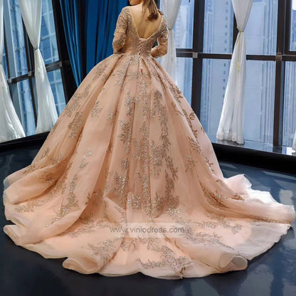 Long Sleeve Gold Ball Gown Prom Dresses Sparkly Lace Princess Dress FD1246 viniodress-prom dresses 2025 -Viniodress-Light Gold-Custom Size-