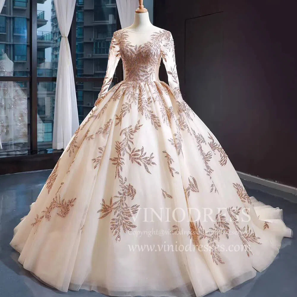 Long Sleeve Gold Ball Gown Prom Dresses Sparkly Lace Princess Dress FD1246 viniodress-prom dresses 2025 -Viniodress-Light Gold-Custom Size-