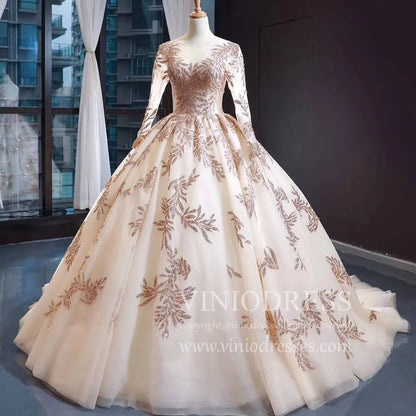 Long Sleeve Gold Ball Gown Prom Dresses Sparkly Lace Princess Dress FD1246 viniodress-prom dresses 2025 -Viniodress-Light Gold-Custom Size-