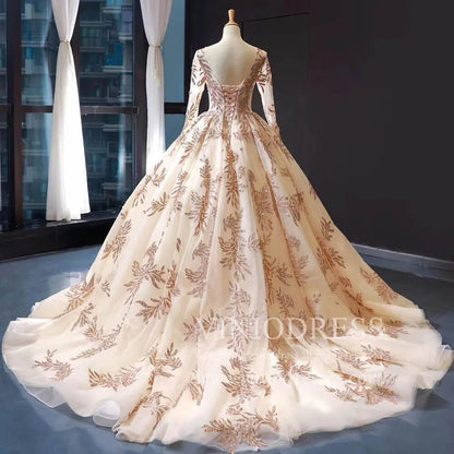 Long Sleeve Gold Ball Gown Prom Dresses Sparkly Lace Princess Dress FD1246 viniodress-prom dresses 2025 -Viniodress-Light Gold-Custom Size-