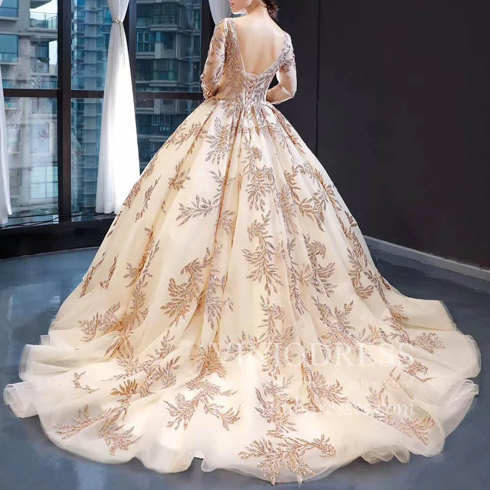 Long Sleeve Gold Ball Gown Prom Dresses Sparkly Lace Princess Dress FD1246 viniodress-prom dresses 2025 -Viniodress-Light Gold-Custom Size-