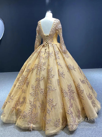 Long Sleeve Gold Ball Gown Prom Dresses Sparkly Lace Princess Dress FD1246 viniodress-prom dresses 2025 -Viniodress-Light Gold-Custom Size-