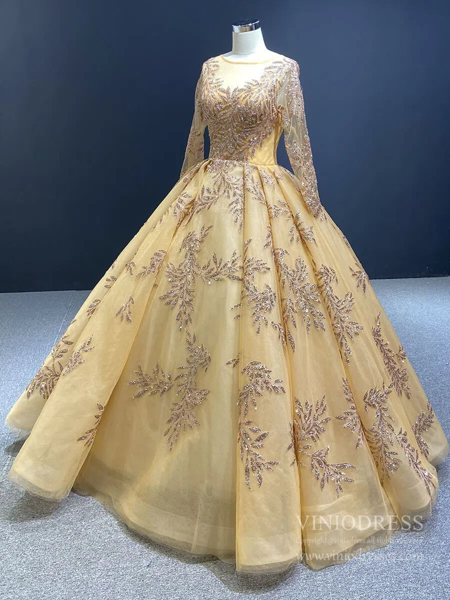 Long Sleeve Gold Ball Gown Prom Dresses Sparkly Lace Princess Dress FD1246 viniodress-prom dresses 2025 -Viniodress-Light Gold-Custom Size-