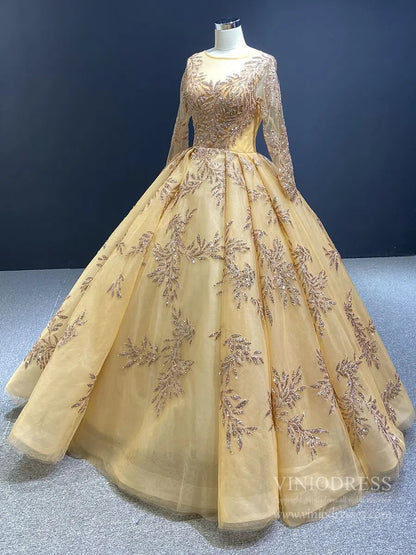 Long Sleeve Gold Ball Gown Prom Dresses Sparkly Lace Princess Dress FD1246 viniodress-prom dresses 2025 -Viniodress-Light Gold-Custom Size-
