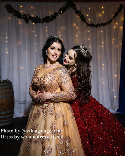 Long Sleeve Gold Ball Gown Prom Dresses Sparkly Lace Princess Dress FD1246 viniodress-prom dresses 2025 -Viniodress-Light Gold-Custom Size-