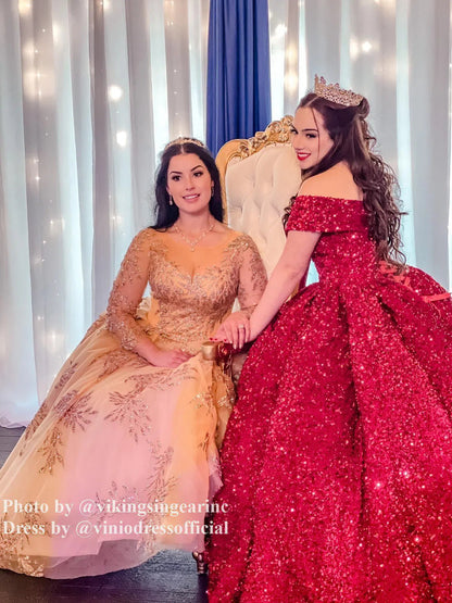 Long Sleeve Gold Ball Gown Prom Dresses Sparkly Lace Princess Dress FD1246 viniodress-prom dresses 2025 -Viniodress-Light Gold-Custom Size-