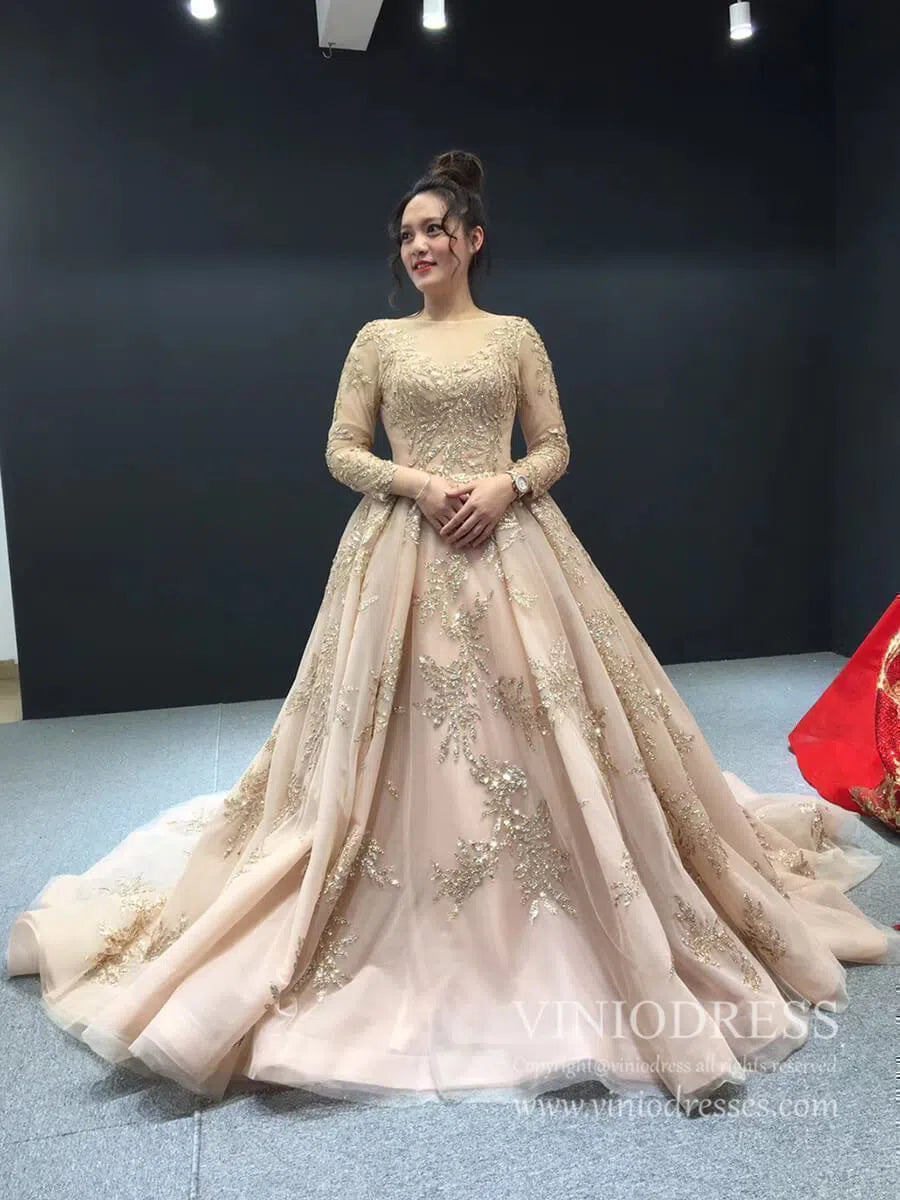 Long Sleeve Gold Ball Gown Prom Dresses Sparkly Lace Princess Dress FD Viniodress Long Sleeve Gold Ball Gown Prom Dresses Sparkly Lace Princess Dress FD Viniodress