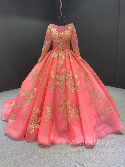 Long Sleeve Gold Ball Gown Prom Dresses Sparkly Lace Princess Dress FD1246 viniodress-prom dresses 2025 -Viniodress-Coral-Custom Size-