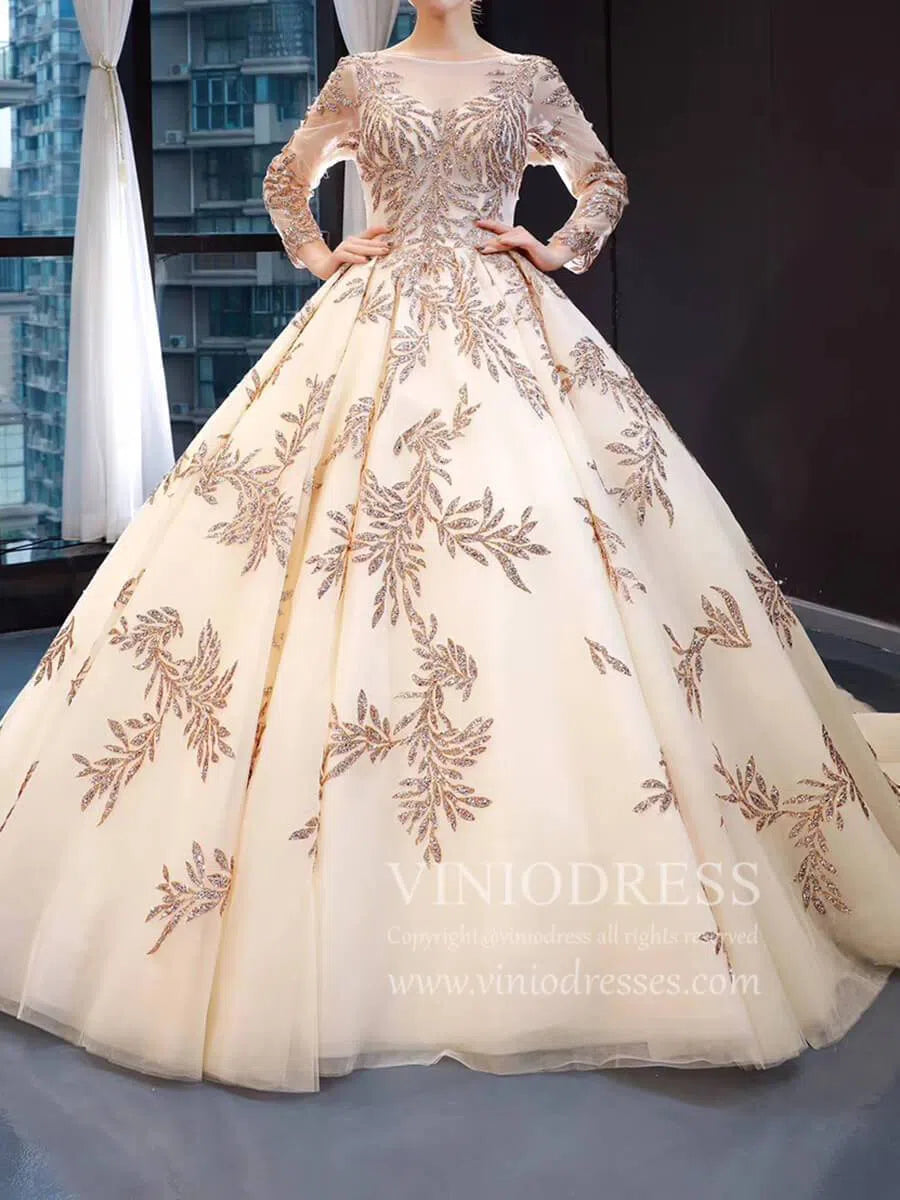 Long Sleeve Gold Ball Gown Prom Dresses Sparkly Lace Princess Dress FD1246 viniodress-prom dresses 2025 -Viniodress-Champagne-Custom Size-