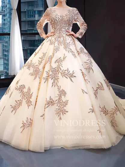 Long Sleeve Gold Ball Gown Prom Dresses Sparkly Lace Princess Dress FD1246 viniodress-prom dresses 2025 -Viniodress-Champagne-Custom Size-