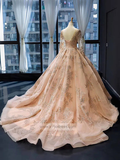 Long Sleeve Gold Ball Gown Prom Dresses Sparkly Lace Princess Dress FD1246 viniodress-prom dresses 2025 -Viniodress-Light Gold-Custom Size-