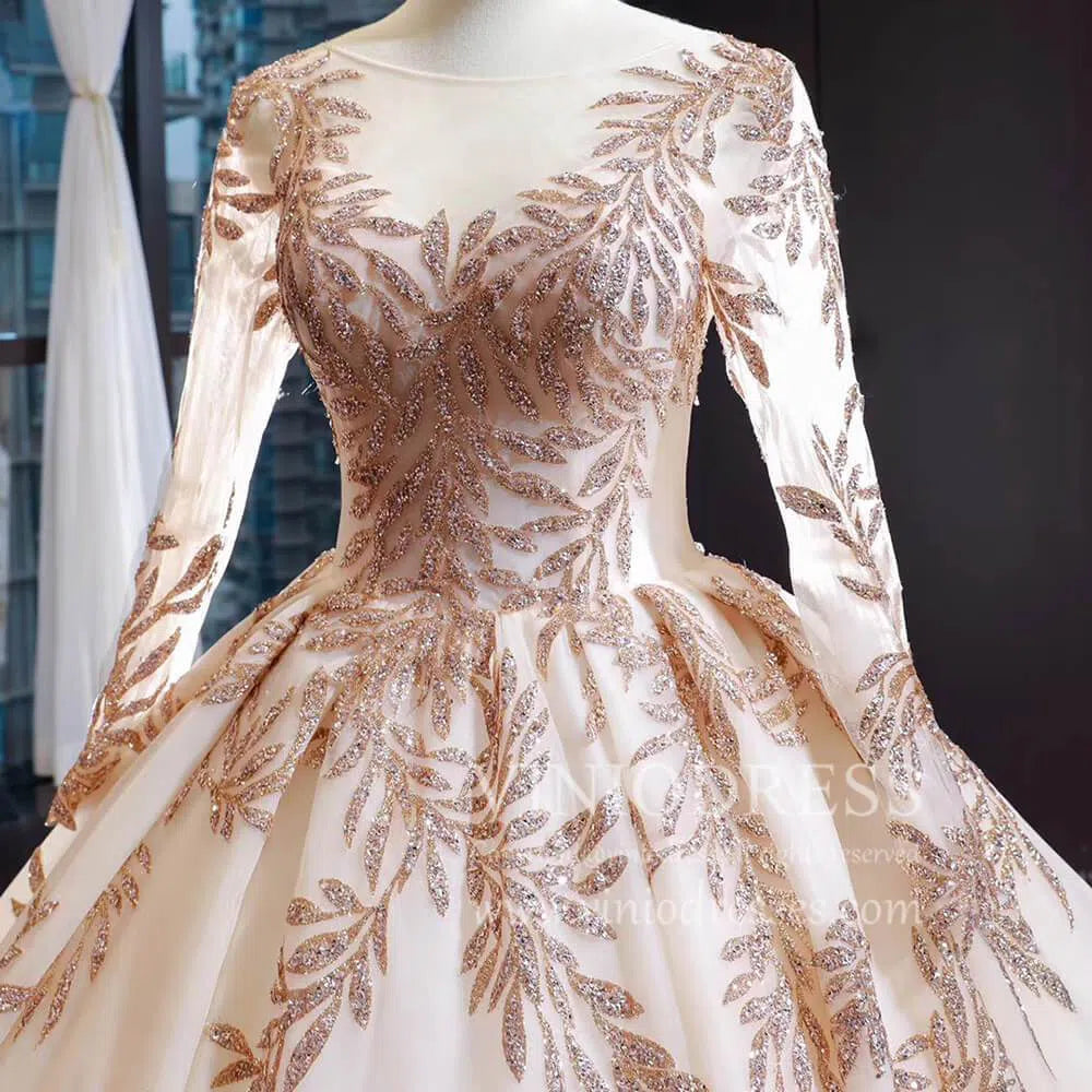 Long Sleeve Gold Ball Gown Prom Dresses Sparkly Lace Princess Dress FD1246 viniodress-prom dresses-Viniodress-Viniodress