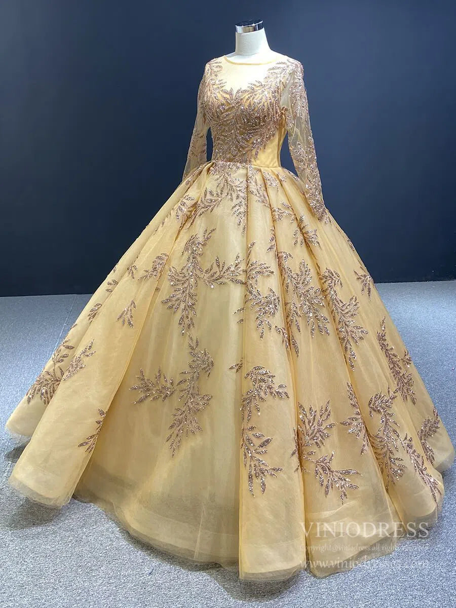 Prom Dress 2025 Long Sleeve Gold Ball Gown Prom Dresses Sparkly Lace Princess Dress FD1246 viniodress-unique prom dresses-Light Gold-Custom Size-Viniodress