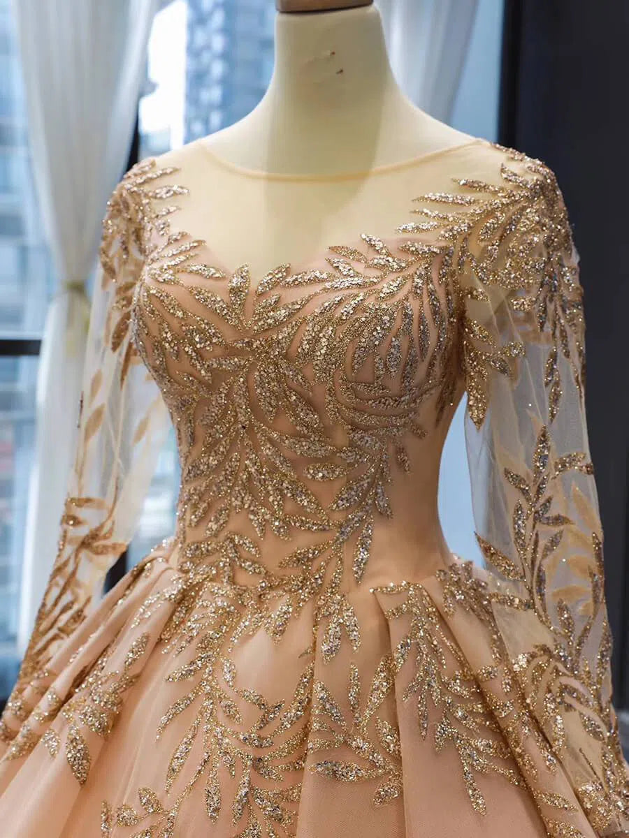 Long Sleeve Gold Ball Gown Prom Dresses Sparkly Lace Princess Dress FD1246 viniodress-prom dresses-Viniodress-Viniodress