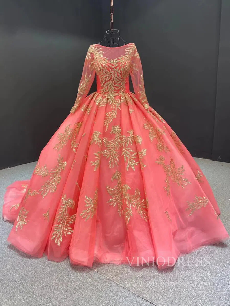 Long Sleeve Gold Ball Gown Prom Dresses Sparkly Lace Princess Dress FD1246 viniodress-prom dresses-Viniodress-Coral-Custom Size-Viniodress