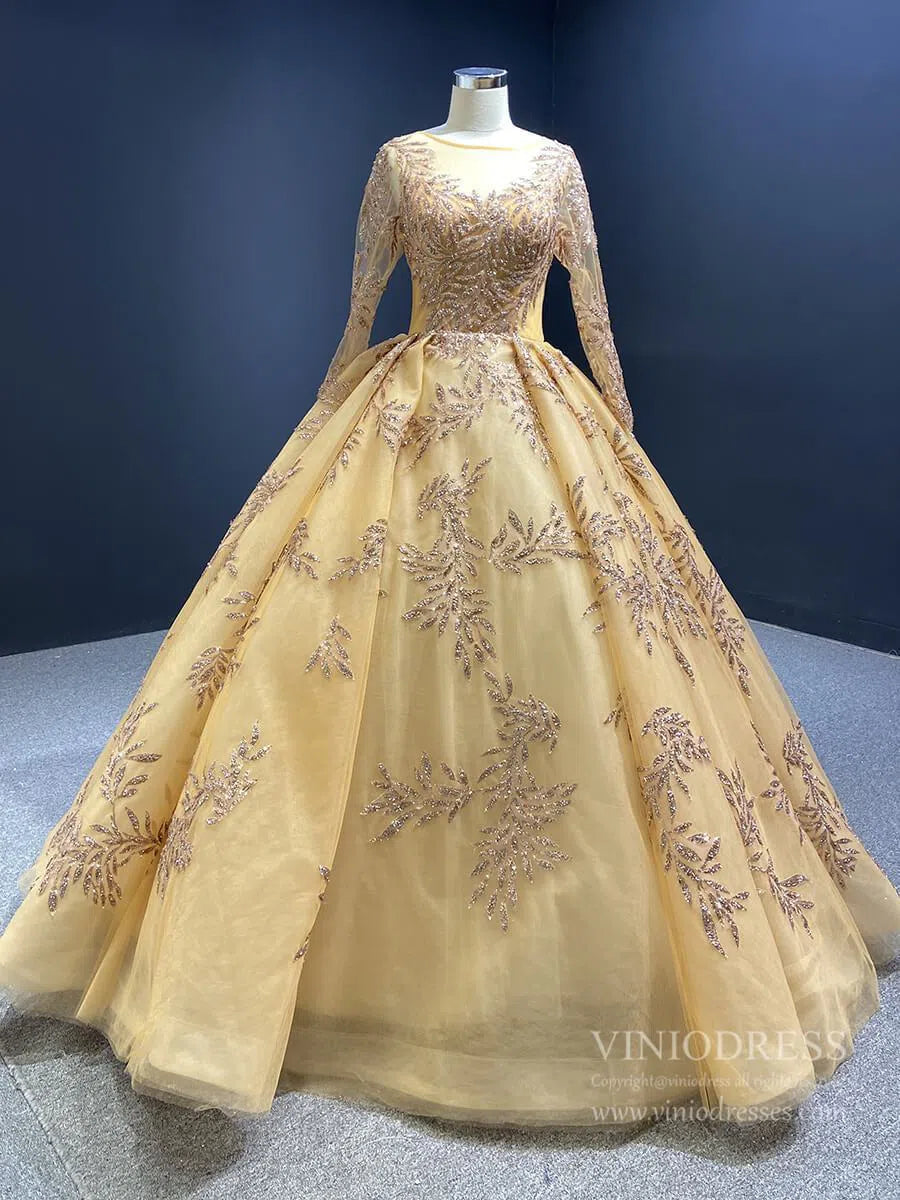 Long Sleeve Gold Ball Gown Prom Dresses Sparkly Lace Princess Dress FD1246 viniodress-prom dresses-Viniodress-Dark Gold-Custom Size-Viniodress