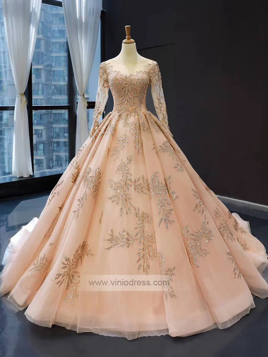 Long Sleeve Gold Ball Gown Prom Dresses Sparkly Lace Princess Dress FD1246 viniodress-prom dresses-Viniodress-Light Gold-Custom Size-Viniodress