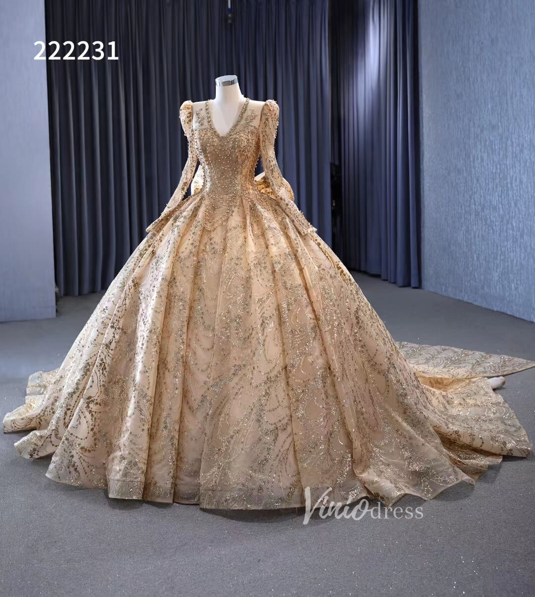 Long Sleeve Gold Ball Gown Wedding Dresses with Bow 222231-prom dresses 2025 -Viniodress-Gold-Custom Size-