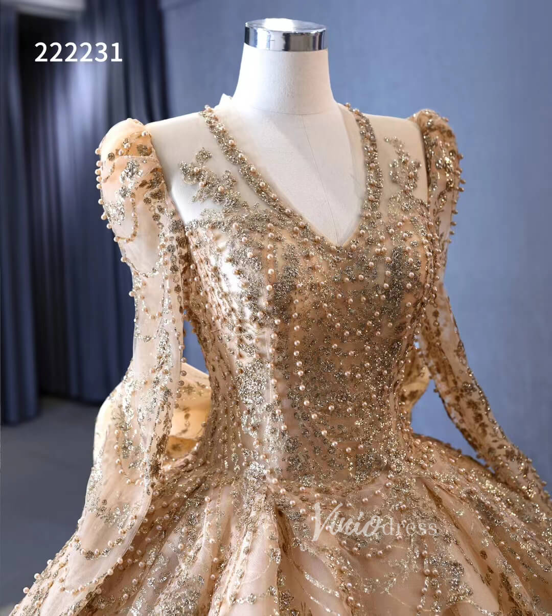 Long Sleeve Gold Ball Gown Wedding Dresses with Bow 222231-prom dresses 2025 -Viniodress-Gold-Custom Size-