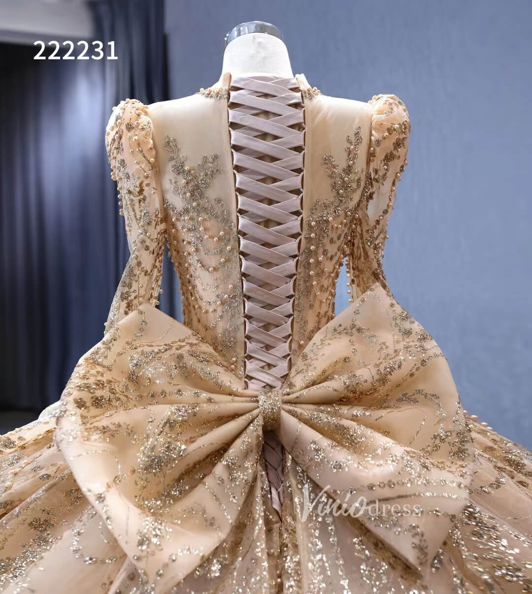 Long Sleeve Gold Ball Gown Wedding Dresses with Bow 222231-prom dresses 2025 -Viniodress-Gold-Custom Size-