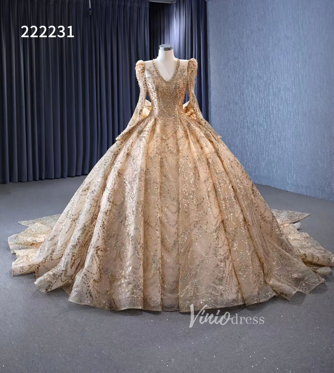 Long Sleeve Gold Ball Gown Wedding Dresses with Bow 222231-prom dresses-Viniodress-Viniodress