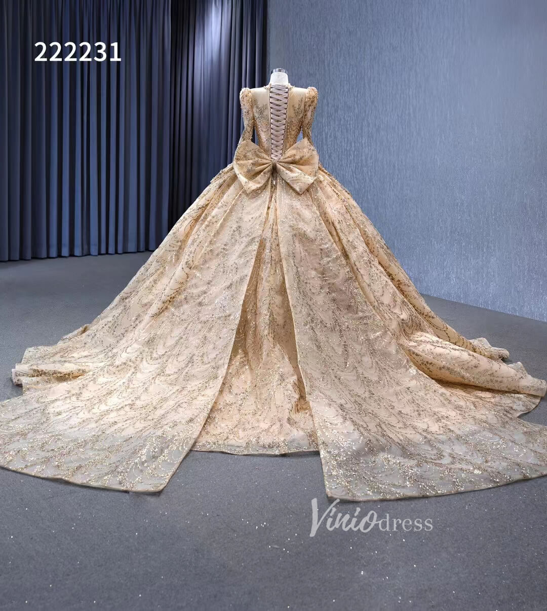 Long Sleeve Gold Ball Gown Wedding Dresses with Bow 222231-prom dresses-Viniodress-Viniodress