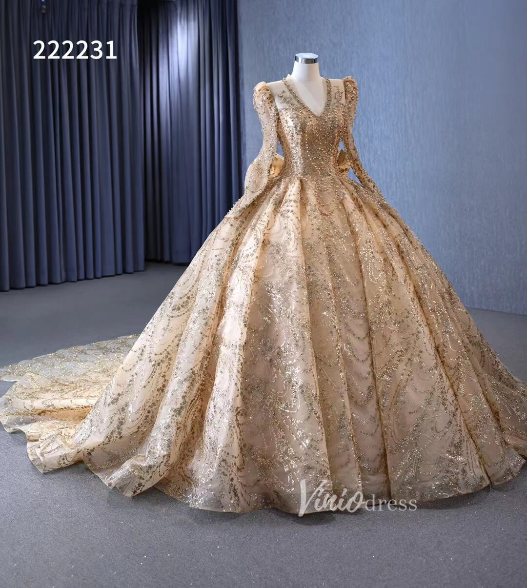 Long Sleeve Gold Ball Gown Wedding Dresses with Bow 222231-prom dresses-Viniodress-Viniodress