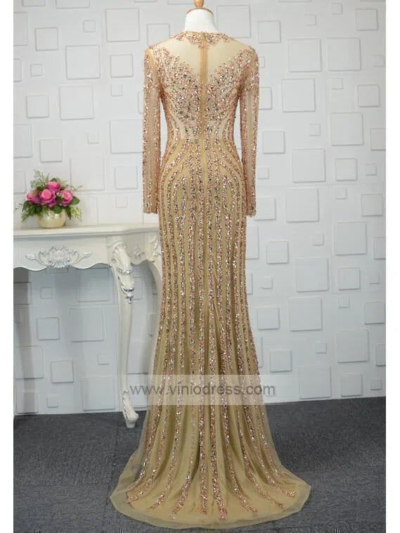 Long Sleeve Gold Beaded Prom Dresses 20s Party Dress FD1437-Evening Dresses 2025 -Viniodress-Gold-US 2-
