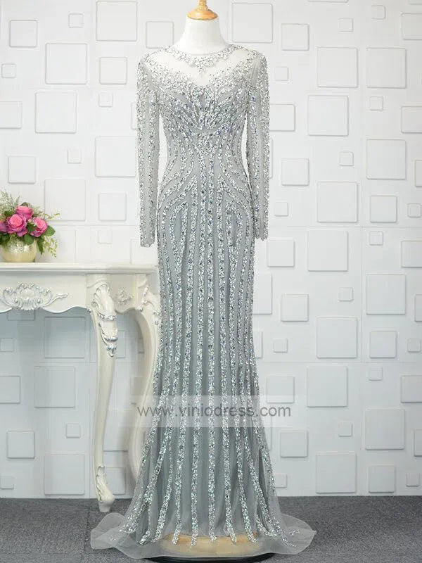 Long Sleeve Gold Beaded Prom Dresses 20s Party Dress FD1437-Evening Dresses 2025 -Viniodress-Grey-US 2-