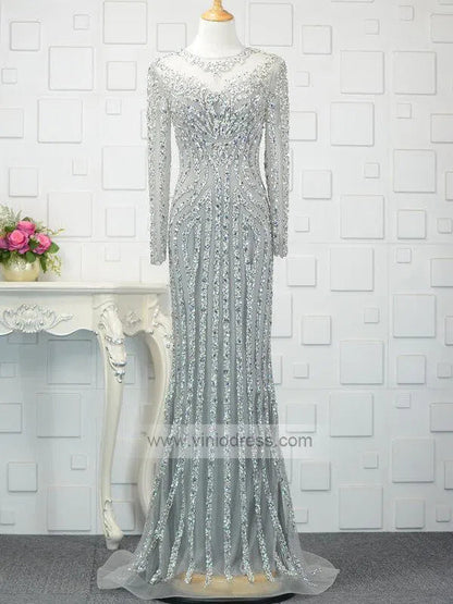 Long Sleeve Gold Beaded Prom Dresses 20s Party Dress FD1437-Evening Dresses 2025 -Viniodress-Grey-US 2-