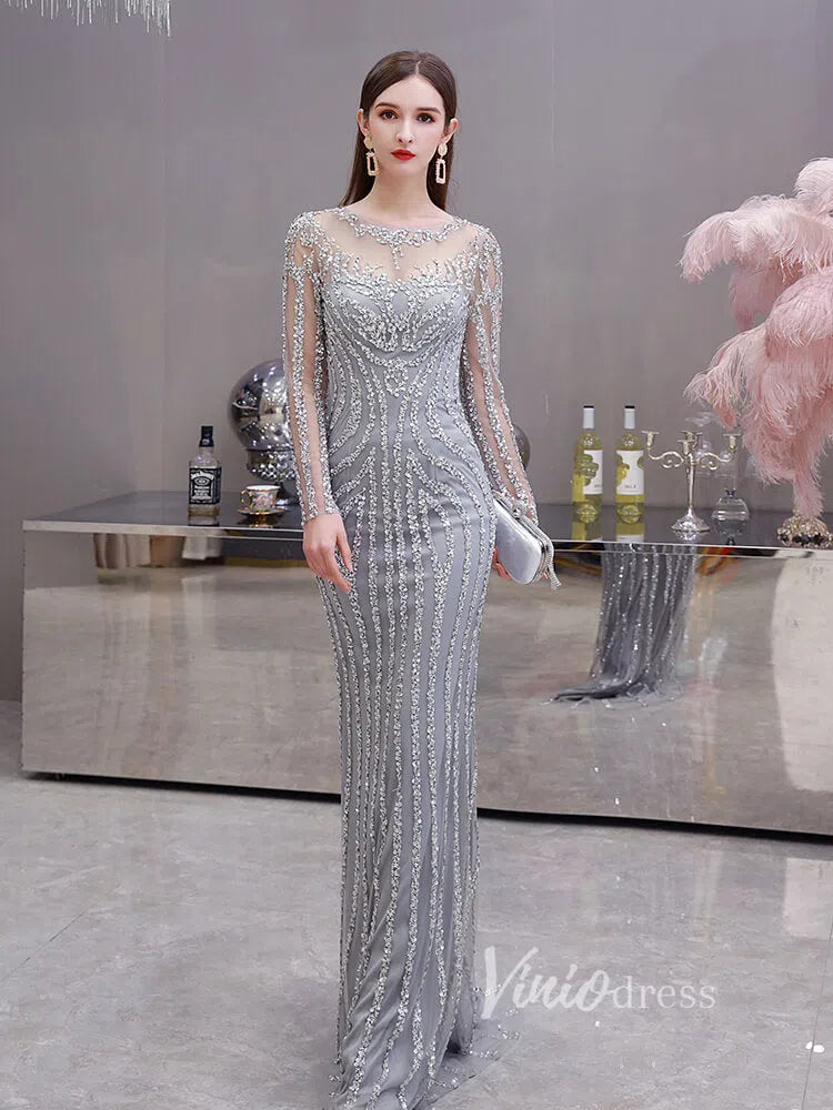 Long Sleeve Gold Beaded Prom Dresses 20s Party Dress FD1437-Evening Dresses 2025 -Viniodress-Gold-US 2-